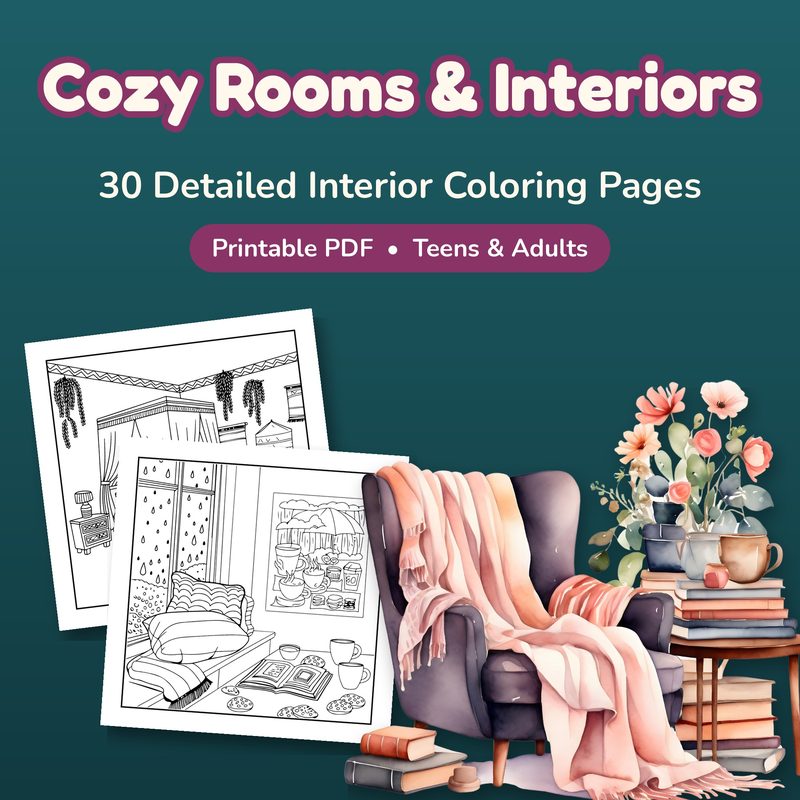 Cozy Rooms and Interiors coloring book cover