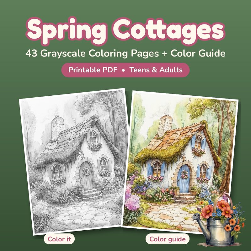 Spring Cottages grayscale coloring book cover